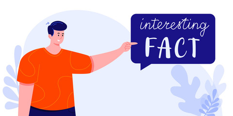 Young man in red T-shirt holding a speech bubble with Interesting fact text.