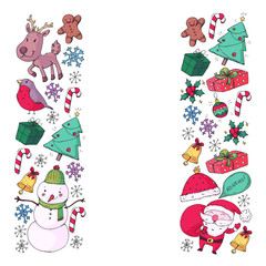 Christmas winter party. Happy new year. Bullfinch, Santa Claus, snowman, deer. Presents and candy.