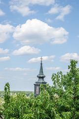 Petrovaradin, Serbia - July 17. 2019: Petrovaradin fortress; Roman Catholic church of st Juraj; View of the church tower with stairs Petrovaradin fortress