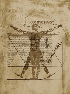 Vitruvian man of digital age. Futuristic Illustration of vitruvian man with a binary codes on brown grunge background.