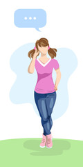 Thinking young girl with two tails. Solving problem. Vector illustration