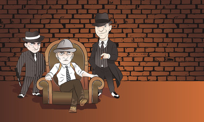 Mafia sitting on brown vintage sofa. wear hat and hold gun. vector illustration isolated cartoon hand drawn background