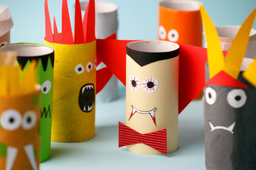 halloween and decoration concept - monsters from toilet paper tube/ Simple diy creative idea....