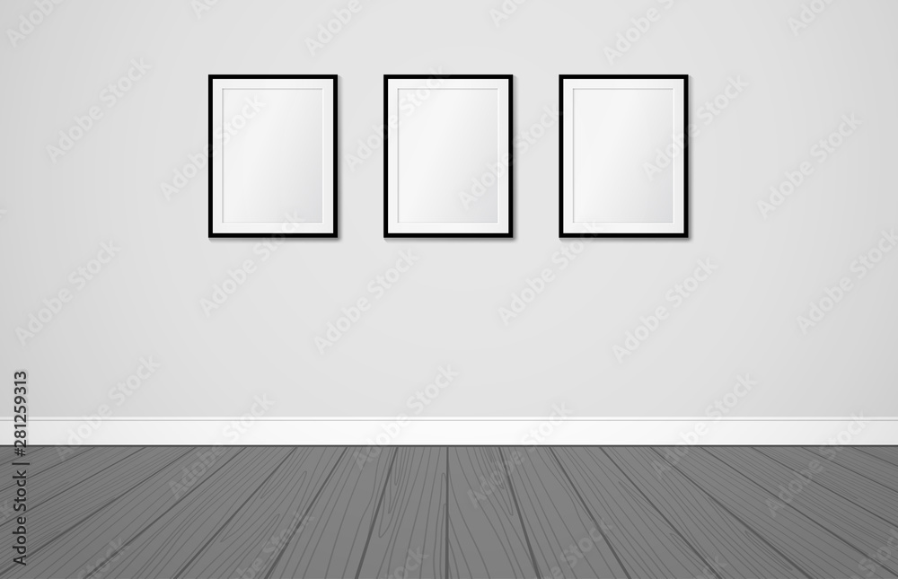 Wall mural three frames on a wall. vector mock up. modern scandinavian interior design