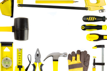 Construction tools collection on white background in form of frame for text or copy space