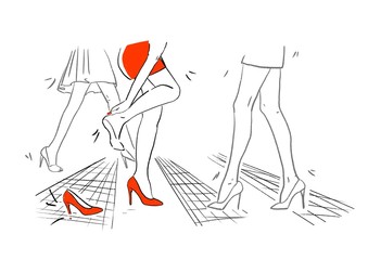 Fototapeta premium Freedom girl in dresses after night club massage wear has exhausted the concept of Girl. To read behind the rear view closeup photo of the buttocks of the ass and taking off uncomfortable shoes