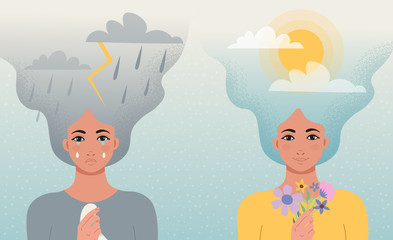 Concept good and bad mood. One girl cries with clouds, lightning, rain in her hair and a handkerchief  in her hands, another girl smiles with clouds and sun in her hair and flowers in hand.Vector