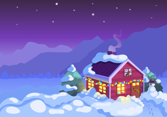 Winter background with house and snowman and lights in the night. Christmas house in the mountains. Winter night illustration. Christmas mountain landscape.