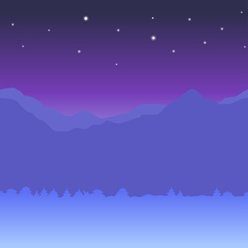 Winter seamless horizontal background with mountains and snow night flat style. Night winter landscape.