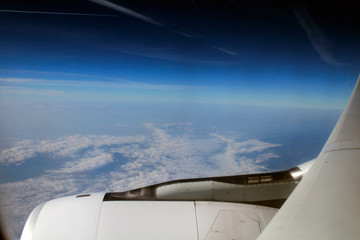 aeroplano, céu, azul, afinar, voo, viagem, escurecer, escurecer, janela, perspectiva, alto, transporte, aeroplano, aéreo, linha aérea, aviação, horizonte