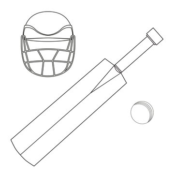   Set of cricket bat, ball and helmet. Black and white linear vector illustration for coloring book isolated on white background.