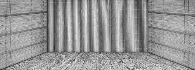 High resolution empty gray grunge scenery with Bamboo mat walls and old knotted Pine wood planked stage