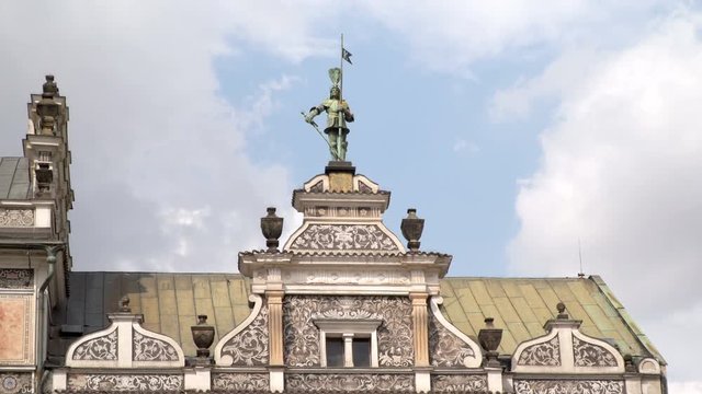 Kol&iacute;n, Czechia  - 27  July  2019: Stateu on The historical centre of the town  administrative building gothic City hall. .Editorial