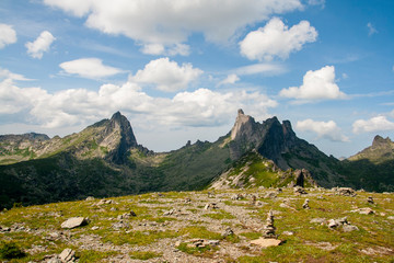 View of the mountain peaks of the Sayan mountains.