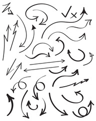 Super set different hand-drawn arrows, vector graphic design. Vector illustration