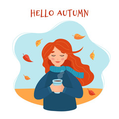 Hello autumn cute girl holding a cup with autumn background and leaves. Cute lettering. Vector illustration in flat style