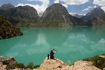 Iskander Kul blue mountain lake in the Fan mountains, Tajikistan.