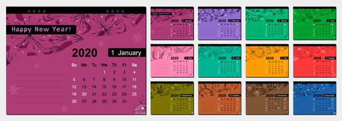 Calendar for 2020. Desktop appointment calendar, on a color background with an ornament.