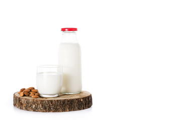 Almond milk isolated on white background. Copyspace