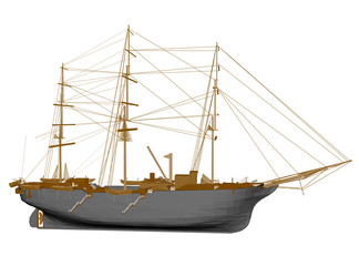 Polygonal sailing ship. Side view. 3D. Vector illustration