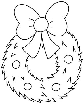 Christmas wreath with bow icon. Outline vector illustration isolated on white background. Coloring book for children.