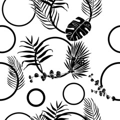 tropical palm leaves and circles seamless floral pattern hand drawn leaves