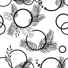 tropical palm leaves and circles seamless floral pattern hand drawn leaves