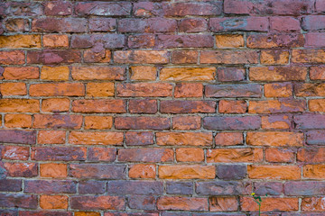 Background of old red brick. The wall of the old house without plaster. Brick is a durable material, but it collapses without a protective layer of plaster. Then the whole wall collapses.