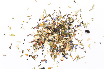 Herbal tea on a white background. Top view.