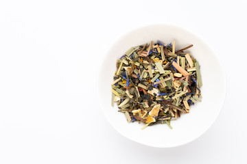 Herbal tea on a white background. Top view.