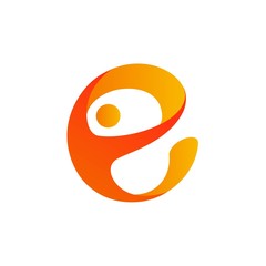 Initial letter E logo design with human shapes in yellow and orange color