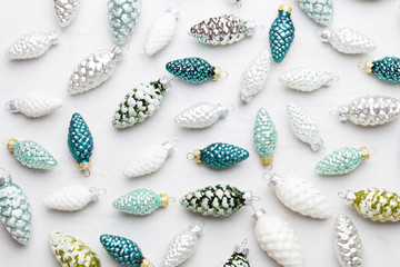 Christmas composition. Gifts, cones decorations on white background. Christmas, winter, new year concept. Flat lay, top view, copy space..  Flat lay. Top view.