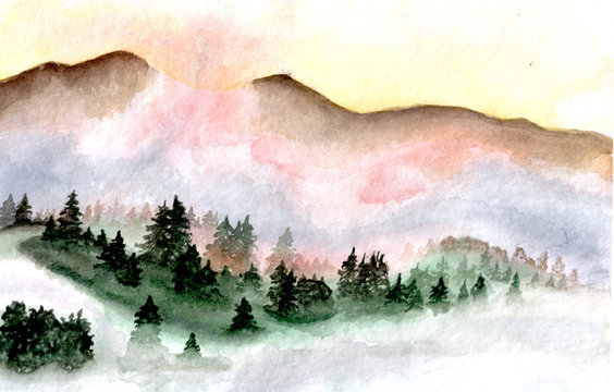 Watercolor drawing abstract landscape sky and mountains