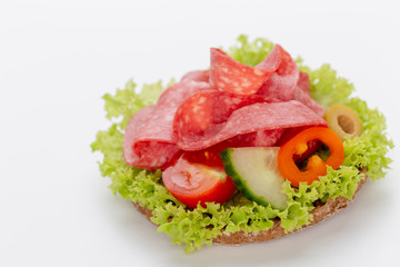 Sandwich with salami sausage on white background.