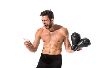 shirtless Boxer with smartphone yelling Isolated On White