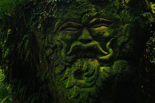 Carving demons faces on wall background covered with moss texture in Bali