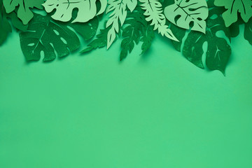 Green paper floral background with tropical leaves and copy-space