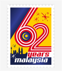 Happy malaysia independence day 62th simple stamp, postage or postcard with flag national background vector illustration symbol