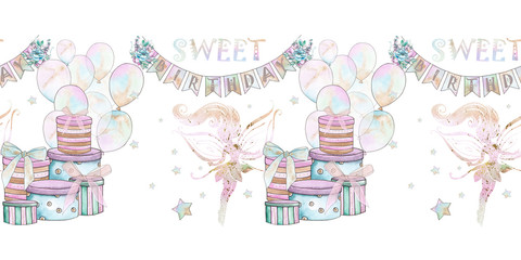 Watercolor seamless border with gift boxes and Golden silhouettes of cute fairies on white background for girls and birthday