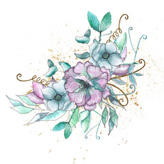 Watercolor floral bouquets with pink, blue, lilac flowers, leaves, gold branches and twigs.