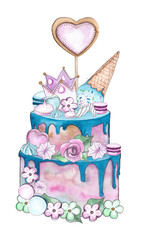 Watercolor compositions of cake, sweets and flowers for children's birthdays, parties and holidays