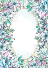 Watercolor floral frames with pink, blue, lilac flowers, leaves, gold branches and twigs.