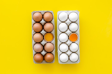 Blog pattern with eggs on yellow background top view