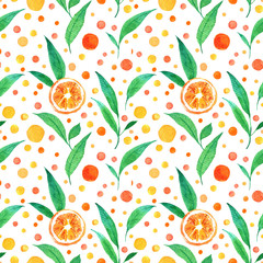 Hand drawn orange slices with green leaves and colorful dots on black. Watercolor seamless pattern. Bright summer print.