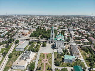 Astrakhan. Astrakhan Kremlin. Fortress. Assumption Cathedral and the bell tower of the Astrakhan Kremlin. Panorama of the city of Astrakhan.