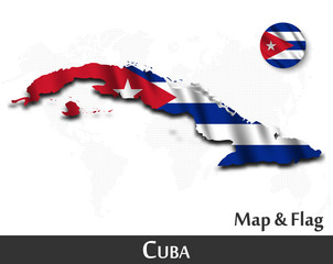 Cuba map and flag . Waving textile design . Dot world map background . Vector .
