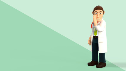 Young cartoon 3d doctor holding hand near mouth and telling secret information, in white coat with a stethoscope, isolated on green diagonal splitted background 3d rendering.