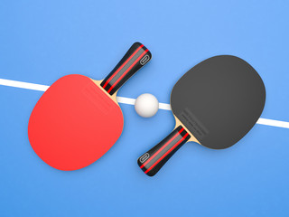 Red and black table tennis rackets with ball. On blue background