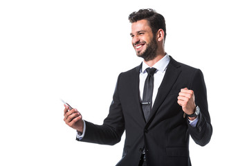 happy businessman with smartphone and clenched hand Isolated On White