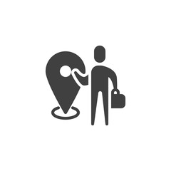 Business meeting location vector icon. filled flat sign for mobile concept and web design. Man with briefcase and map marker glyph icon. Symbol, logo illustration. Vector graphics